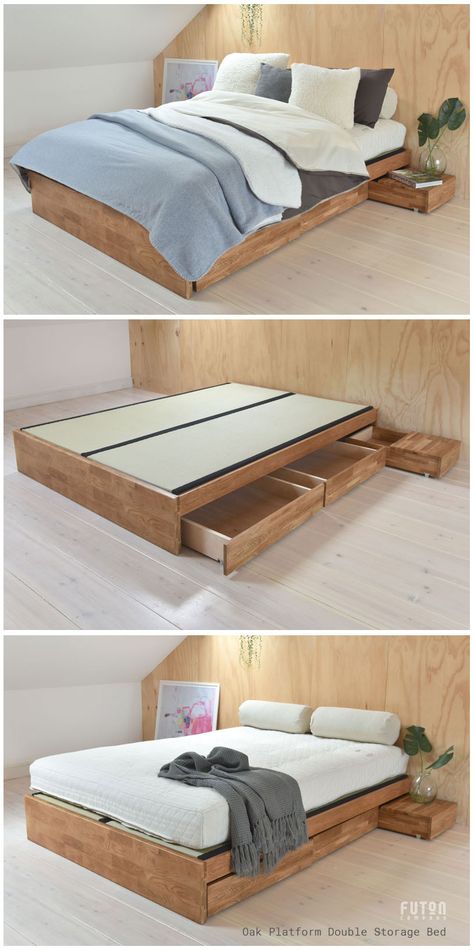 Bed Platform Storage, Storage Wooden Bed, Low Level Beds, Low Bed With Storage, Diy Double Bed With Storage, Low Beds With Storage, Low Storage Bed, Low Profile Bed Frame With Storage, Double Beds With Storage