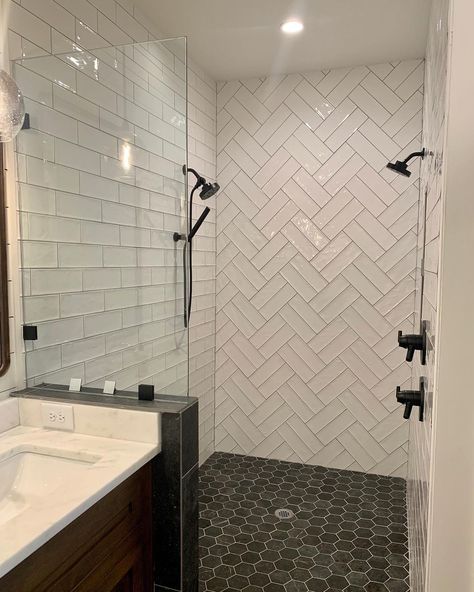 Southern Tile Company Herringbone Tile Shower Wall, Double Herringbone Tile, Herringbone Feature Wall, Subway Tile Shower Designs, Herringbone Tile Bathroom, Herringbone Subway Tile, Modern Shower Design, Hex Tiles, Double Herringbone