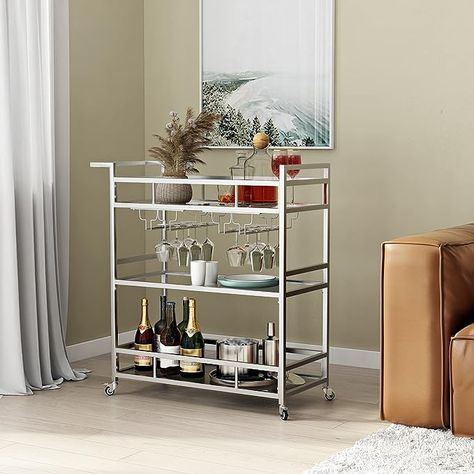 Amazon.com - LORMITER Silver Bar Carts with 3 Tier Glass Shelves, Rolling Serving Bar Cart with Wine Rack and Glass Holder, Home Bar Carts & Wine Carts on Wheels for Kitchen, Indoor & Outdoor - Bar & Serving Carts