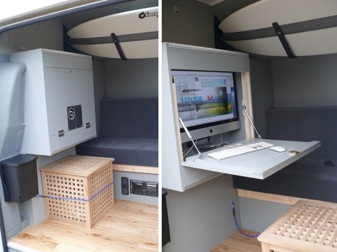 Urban-escape Ford Transit camper van with mobile office surfs the waves and web Van Conversion Office, Ambulance Interior, Camper Office, Vanlife Diy, Stealth Van, Van Office, Computer Cabinet, Camper Flooring, Office With A View