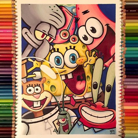 Sydney Nielsen on Instagram: “Mixed media SpongeBob drawing! 🍍💕If anyone watches this show, what's your favorite episode? 🤔 My favorite episode is "The Graveyard Shift"…” Spongebob Drawing, Grape Drawing, Cat Eye Tutorial, Bow Drawing, Spongebob Drawings, Drawing Instruments, Graveyard Shift, Free Horses, Rainbow Painting