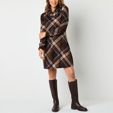 R & K Originals Womens Long Sleeve Plaid Shift Dress, Color: Brown Taupe - JCPenney Dress With High Boots, Dress And Boots Outfit, Fall Dresses With Boots, Dress With Knee High Boots, Large Dresses, Christmas Dresses, Fall Winter Dresses, Guest Attire, Shift Dresses