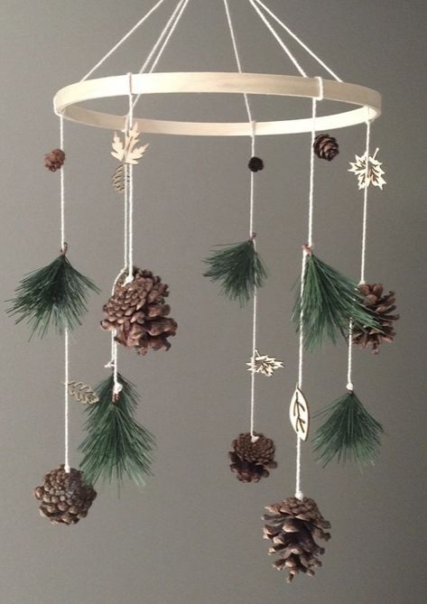 Small Woodland Nursery, Woodland Camper Decor, Forest Bear Nursery, Pine Cone Mobile, Winter Woodland Nursery, Whimsical Nature Themed Nursery, Cabin Theme Nursery, Nature Theme Decor, Diy Baby Mobile Ideas