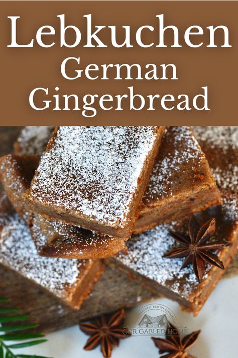 Not too sweet but full of holiday flavors, these delicious German Lebkuchen are similar to gingerbread. You can make this recipe very quickly in a baking dish. German Gingerbread Cookies Recipes, German Holiday Recipes, German Christmas Baking, European Christmas Desserts, German Baked Goods, German Winter Food, Holiday Bread Recipes Christmas, Swiss Gingerbread, Yuletide Recipes