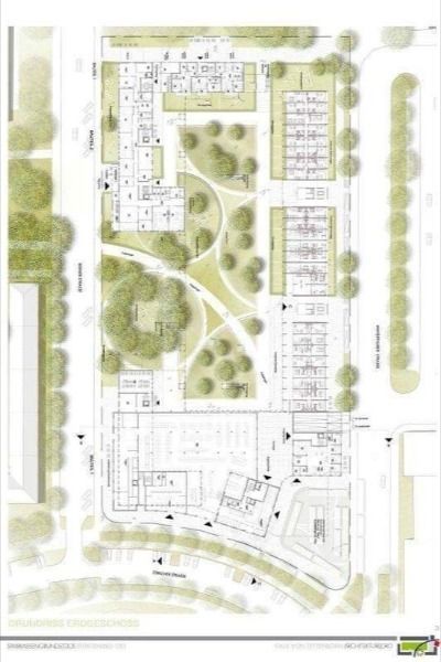 Drawn site plans for landscape architecture projects. (Top view of white roofs and brown pavement with trees) Plan Concept Architecture, Portfolio D'architecture, Parking Plan, Site Plan Design, Architecture Site Plan, Landscape Architecture Plan, Urban Design Plan, Urban Landscape Design, Architecture Presentation Board