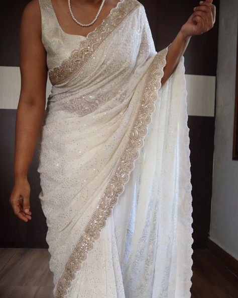 *An adorable chikankari collection with sabyasachi borders in scallop style on pure khaddi georgette silk saree* Pure fabric In elegant pearl white shade Pretty 😍 For ONLY FOR 8000💕💕 ship Off White Saree Look, Sabyasachi Borders, White Saree Aesthetic, Nepali Clothing, Saree White, White Sari, Indian Royalty, Georgette Silk Saree, Chikankari Saree