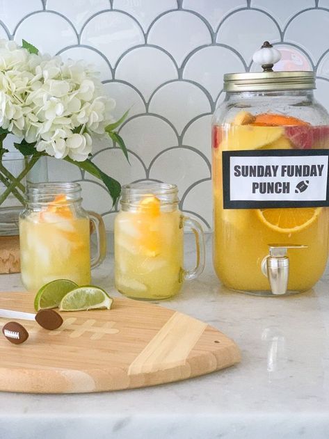 Sunday Funday Punch Recipe » We're The Joneses Tailgate Cocktails, Football Party Drinks, Game Day Drinks, Homegating Party, Recipes For Game Day, Easy Party Punch, The Joneses, Party Punch Recipes, Alcoholic Punch