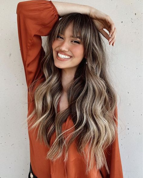 Fall 2022 Haircutting Trends: Butterfly Layers · Shags · Birkin Bangs · Bobs & Lobs · Curtain Bangs · Long Layers · Midlength Haircuts Bangs And Balayage Blonde, Curtain Bangs With Ombre Hair, Long Haircut Growing Out Bangs, Wispy Curtain Bangs Balayage, Balayage Hair With Wispy Bangs, Balayage Hair Brunette Curtain Bangs, Curtain Bangs And Balayage Brunettes, Long Bangs Balayage, Bayalage With Bangs Long Hair