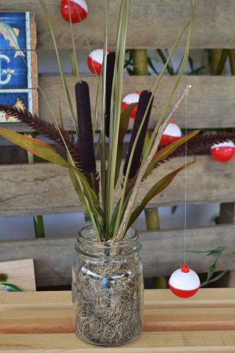 Fishing Themed 60th Birthday Party, Fishing Theme Table Centerpieces, Fishing Themed Birthday Party Centerpiece, Fishing Birthday Table Decor, Fish Themed Birthday Party For Adults, Hunting Fishing Birthday Party, Fishing Theme Table Decor, Fish Party Centerpieces, Bobber Birthday Party