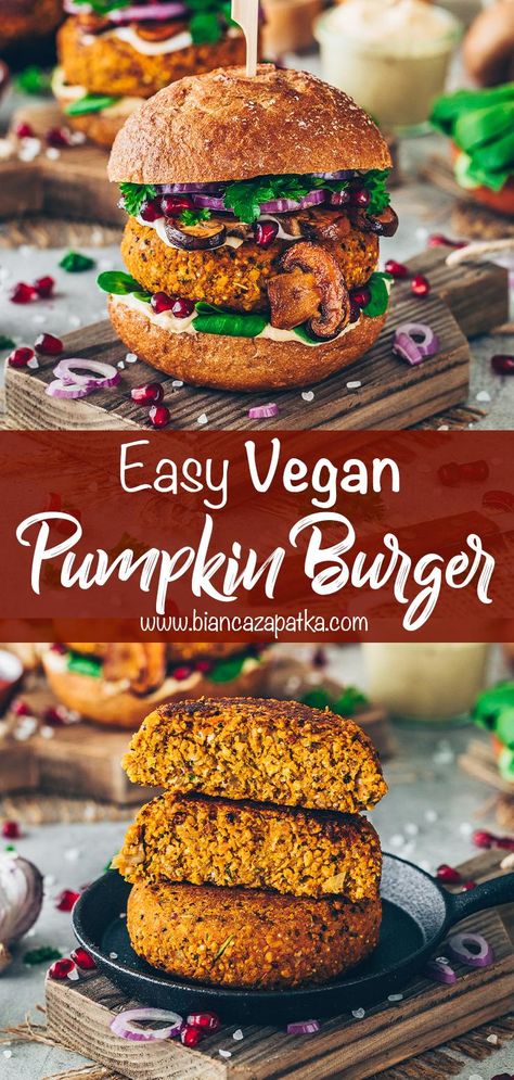 Vegan Pumpkin Burgers with Quinoa and Chickpeas Healthy Veggie Burger, Burger Patties Recipe, Quinoa And Chickpeas, Vegan Veggie Burger, Veggie Burger Recipe, Vegetarian Burgers, Veggie Burger Patties, Pumpkin Recipes Dinner, Vegetable Burger