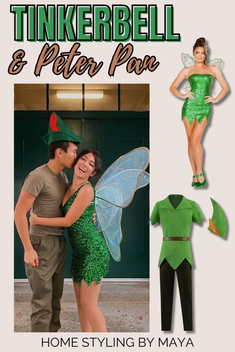 peter pan and tinkerbell couples costume Peter Pan Couple Costume, Disney Couples Costumes, Tinkerbell And Peter Pan, Best Couple Halloween Costumes, Disfraz Peter Pan, Peter Pan Halloween Costumes, Peter Pan Halloween, Disney Couple Costumes, Easy Couple Halloween Costumes