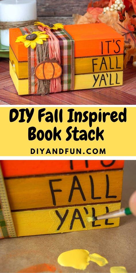 Organisation, Fall Book Decor Diy, Dollar Tree Wooden Crate Book Stack, Stacked Books Decor Diy Fall, Book Stack Decor Diy, How To Make Wooden Book Stacks, Fake Book Stack Diy, Stack Books Decor Diy, Wood Book Decor