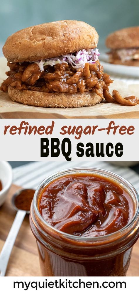 Healthier, WFPB, refined sugar-free BBQ sauce that's so good you'll want to slather it on everything! It's vegan, gluten-free, and super easy to make, too. #barbecuesauce Bbq Sauce No Ketchup, Healthy Bbq Sauce Recipe, Healthy Bbq Sauce, Low Sugar Bbq Sauce, Sugar Free Barbecue Sauce, Sugar Free Bbq Sauce, Vegan Bbq Sauce, Easy Bbq Sauce, Healthy Bbq