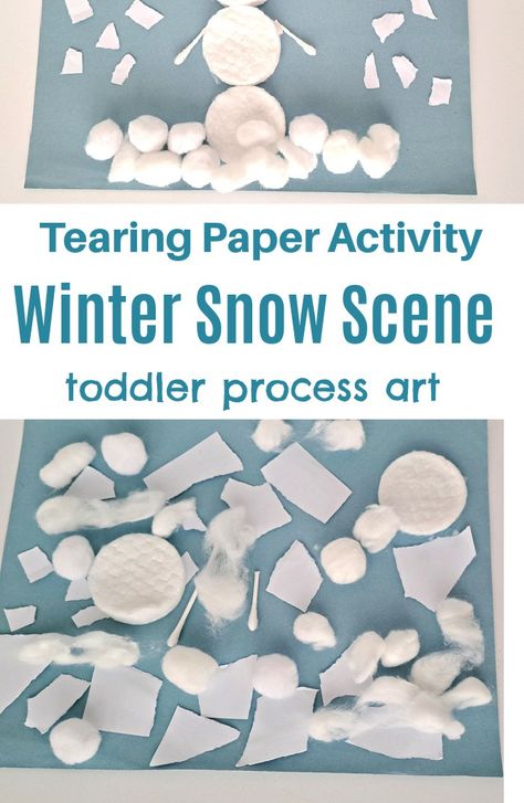 Snowy Day Art Activity for Toddlers: Kids can create snowy pictures with fluffy cotton and torn paper in this fun process art activity. Winter Art Activity Preschool, Snow Theme Toddler Activities, Winter Animal Art For Toddlers, Snow Day Crafts For Toddlers, Snow Arts And Crafts For Kids, Arctic Decorations Diy, Snow Animals Crafts For Toddlers, Snowy Day Preschool Activities, Toddler Winter Lesson Plans