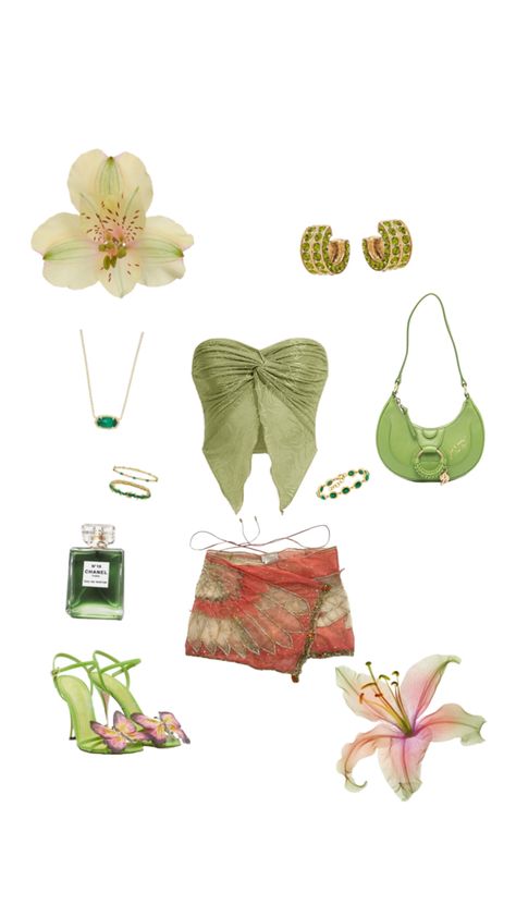 Summer Flower Outfits, Rose Inspired Fashion, Thrifting Moodboard, Niki Concert, Green Summer Outfit, Clothes Swap, Tropical Outfit, Tropical Fashion, Vacay Outfits