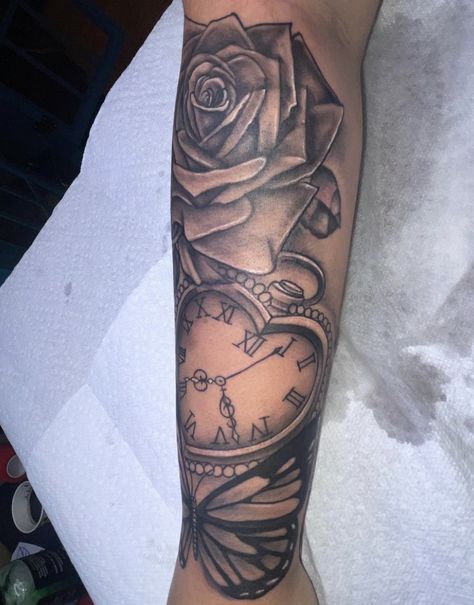 Heart Clock Tattoo Black Women, Front Arm Tattoo Woman Half Sleeves, Heart Tattoo Sleeve, Mid Arm Tattoo, Follower Tattoo, Money Rose Tattoo, Arm Sleeve Tattoos For Women, Girl Neck Tattoos, Quote Tattoos Girls