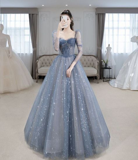 Prom Dress Blue, Blue Evening Dress, Prom Dresses Elegant, Gaun Fashion, 파티 드레스, Lace Dress Vintage, Blue Evening Dresses, Blue Tulle, Long Sleeve Evening Dresses