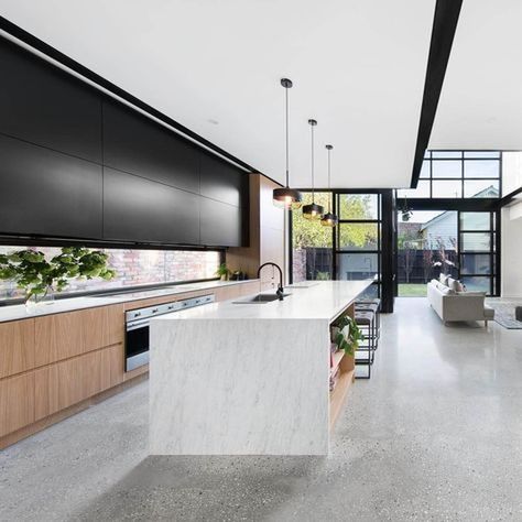 Polished Concrete Floor Kitchen, Concrete Floor Kitchen, Concrete Kitchen Floor, Polished Concrete Kitchen, Concrete Floors In House, Bathroom Concrete, Countertops Black, Kitchen Concrete, White Concrete Countertops