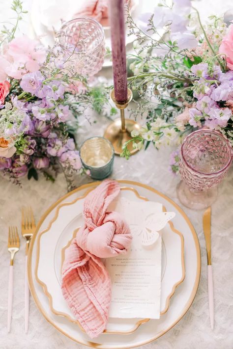 25 Cottagecore Wedding Ideas for a Charming Celebration Colored Taper Candles, Cottagecore Wedding, Pink Napkins, Butterfly Wedding, Butterfly Theme, Wedding Linens, Pastel Wedding, Wildflower Wedding, Whimsical Wedding