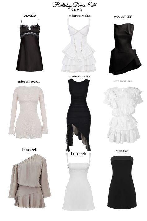 A variety of different black, white or neutral colored birthday dresses. Short Old Money Dress, Dress For 18th Birthday Summer Outfits, Dresses For 18th Birthday Parties, Black Themed Birthday Party Outfits, 18th Bday Dress Ideas, 18th Dress Birthday Outfits, Birthday Dress Ideas For Teens, Shein Birthday Dress, 18th Bday Dress