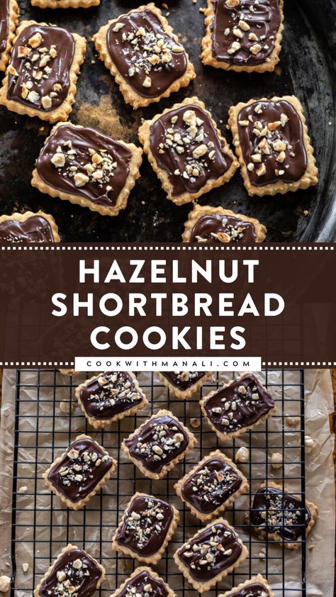 These Hazelnut Shortbread Cookies literally melt in your mouth and are made with only 5 ingredients. Add them to your cookie boxes for the holidays! Shortbread Packaging Ideas, Shortbread Cookies Variations, Hazelnut Shortbread Cookies, Cookies With Walnuts In Them, Hazelnut Cookies Recipes, Hazelnut Recipes Desserts, Shortbread Cookie Recipes, Creative Pastries, Hazelnut Shortbread