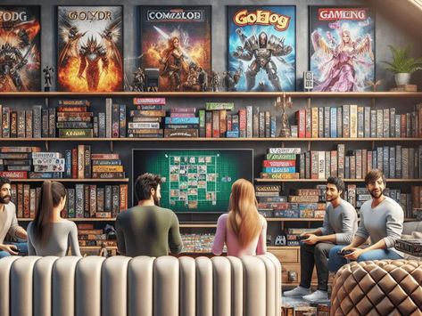 A cozy and inviting gaming room featuring a meticulously arranged shelf filled with various board games and video game consoles, showcasing a mix of analog and digital gaming. A woman and a man are seated comfortably, deeply engaged in competitive gameplay, radiating excitement and camaraderie. The walls are adorned with vibrant posters of popular games, while luxurious seating enhances the warm atmosphere of the space. Board Game Wall, Ultimate Gaming Room, Board Game Room, Game Wall, Video Game Consoles, Creative Storage Solutions, Gaming Room Setup, Diy And Home Improvement, Creative Storage