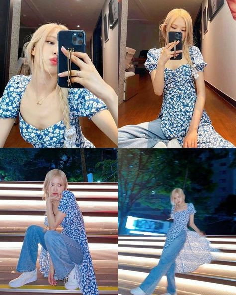 Rose Summer Outfit Blackpink, Rosé Dress Blackpink, Rosé Blackpink Dress, Rose Dress Outfit, Outfit Blackpink, Blackpink Dress, Dress Over Jeans, Rosé Summer, Gf Material