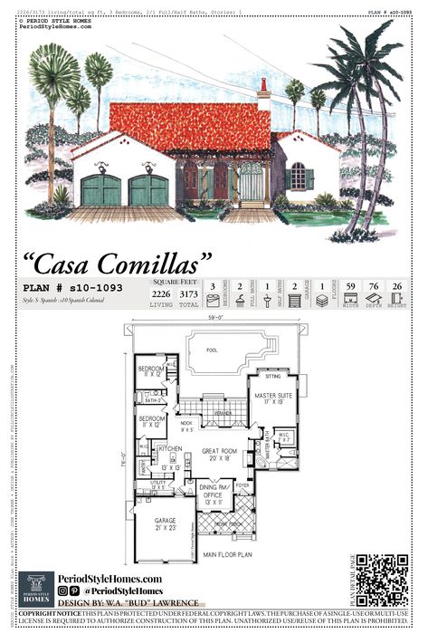 Spanish Colonial Style Homes House Plans, Spanish Style Floor Plans, Spanish Colonial Style Homes, Colonial Home Floor Plans, Mexican House Plans, Spanish Style Homes Plans, Spanish Colonial Homes, Small Home Plan, Colonial Style House Plans