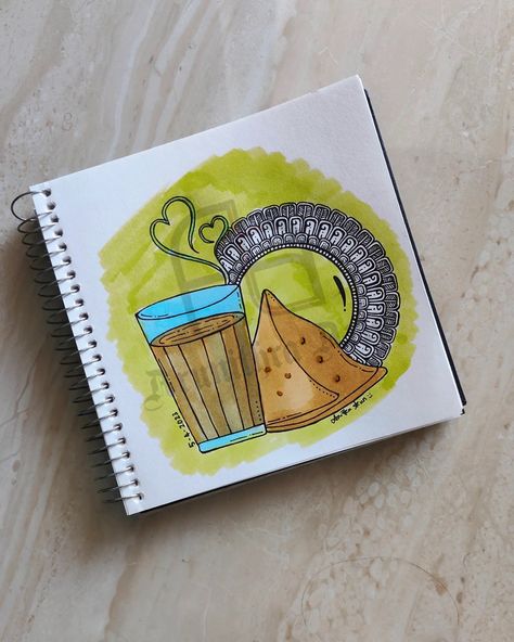 Chai and samosa Chai Mandala Art, Interesting Paintings, Snap Ideas, Sketches Pencil, Indie Drawings, Food Illustration Art, Art Drawings Sketches Pencil, Girly Art Illustrations, Food Illustration