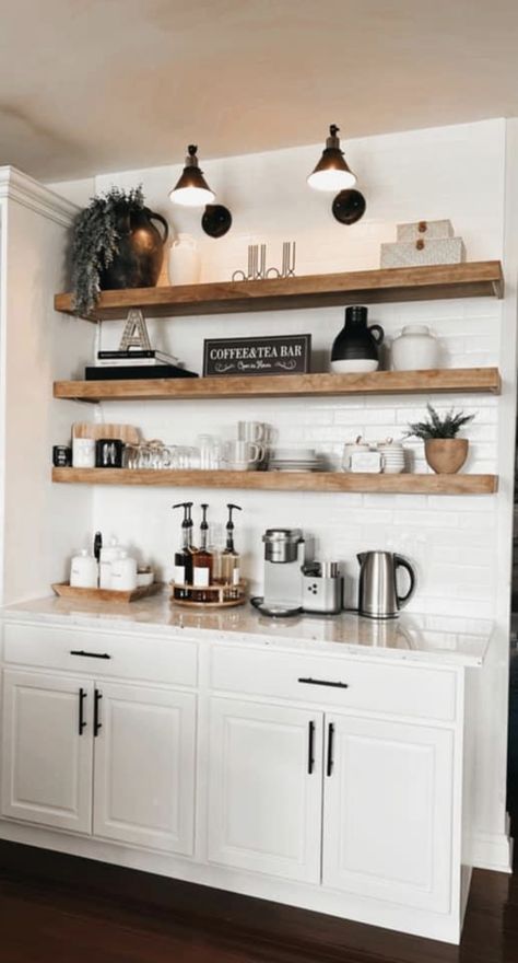 Corner Bar Ideas For Home, Coffee Cupboard, Kaffe Station, Kitchen Coffee Bar Ideas, Kitchen Coffee Bar, Country Property, Kitchen Floating Shelves, Syrup Dispenser, Beverage Station