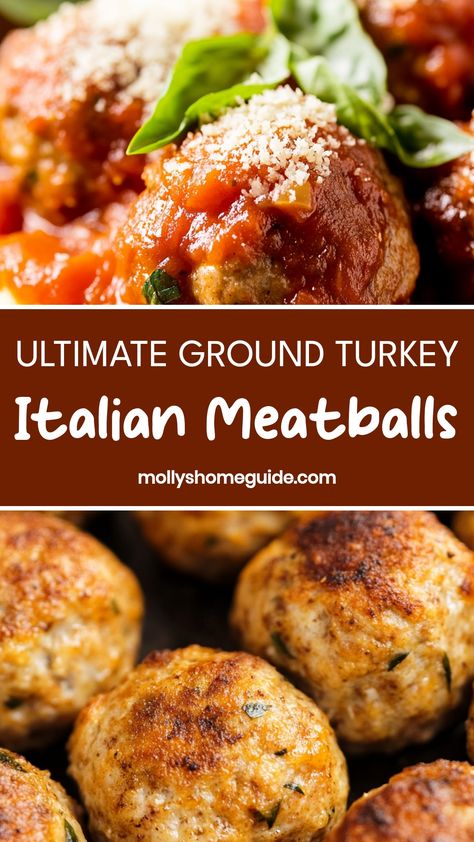 Delight your taste buds with these flavorful ground turkey Italian meatballs! This easy recipe is perfect for a cozy weeknight dinner or weekend meal prep. Simply combine ground turkey with herbs, spices, and breadcrumbs, then bake or simmer in your favorite marinara sauce. Serve over pasta or enjoy as a protein-packed appetizer. These homemade Italian meatballs are sure to be a hit with the whole family - Buon appetito! Meatballs With Ground Turkey, No Pasta Meatball Dinner, Paleo Ground Turkey Recipes For Dinner, Easy Turkey Meatballs Baked, Turkey Meatballs Vodka Sauce, Baked Italian Turkey Meatballs, Appetizers With Ground Turkey, Italian Turkey Meatballs Recipe, Ground Turkey Italian Meatballs