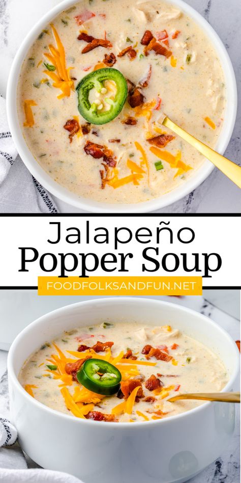 If you love jalapeno poppers, then you are going to love this Jalapeno Popper Soup! Loaded with vegetables and chunks of chicken, it is hearty enough to be served as a meal. via @foodfolksandfun Jalepeno Popper Soup Crock Pot, Popper Soup, Jalapeño Soup, Averie Cooks, Jalapeno Popper, Jalapeno Poppers, Easy Soups, Easy Soup Recipes, Homemade Soup