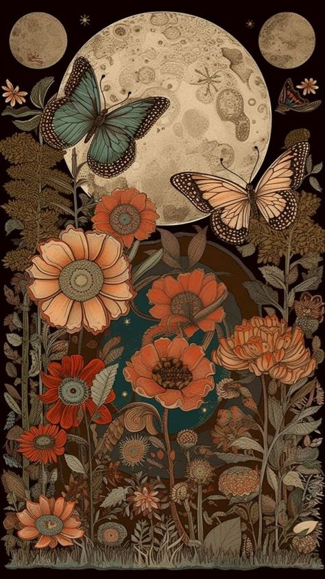 Cute Artsy Wallpapers, Full Moon Art Illustration, Pagan Phone Wallpaper, Butterfly Phone Background, Whimsigoth Illustration, Butterfly Background Wallpapers, Bohemian Wallpaper Iphone, Bohemian Phone Wallpaper, Bohemian Drawings