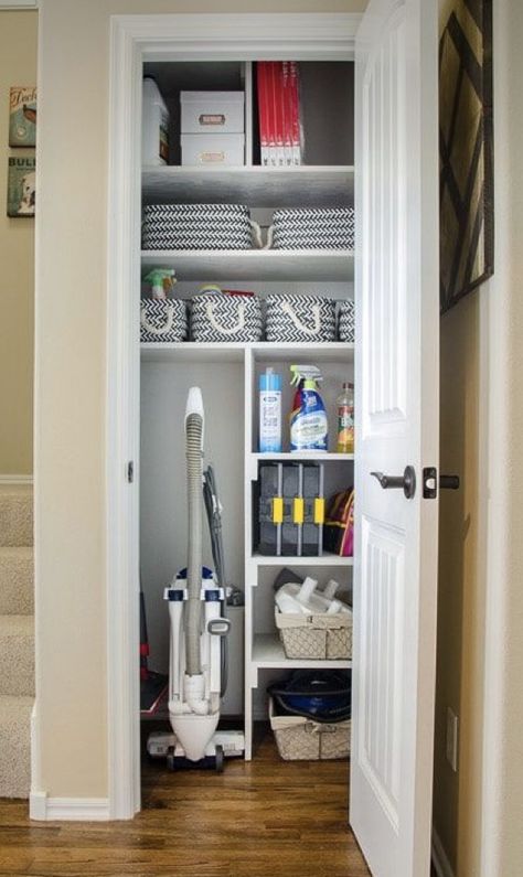 Cleaning Closet In Laundry Room, Small Utility Closet, Broom Closet Organizer, Hall Closet Organization, Linen Closet Makeover, Cleaning Closet Organization, Pantry Closet Design, Bedroom Transitional, Coat Closet Organization