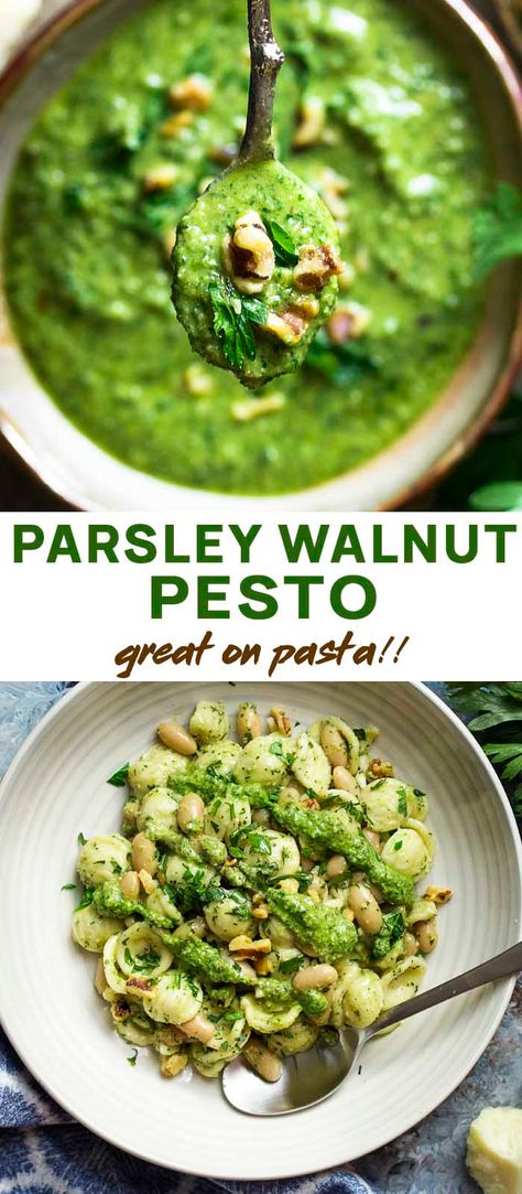 Italian walnut parsley pesto is a quick and easy recipe great all year round and perfect in the winter! Wonderful for dinner with salmon or chicken or tossed with pasta to make a creamy sauce. | justalittlebitofbacon.com #italianrecipes #sauces #pesto #parsley #walnuts Parsley Pesto Pasta, Parsley Oil Recipe, Recipes Using Parsley, Italian Parsley Recipes, Recipes With Parsley, Dinner With Salmon, Parsley Pesto Recipe, Walnut Pesto Pasta, Walnut Pesto Recipe