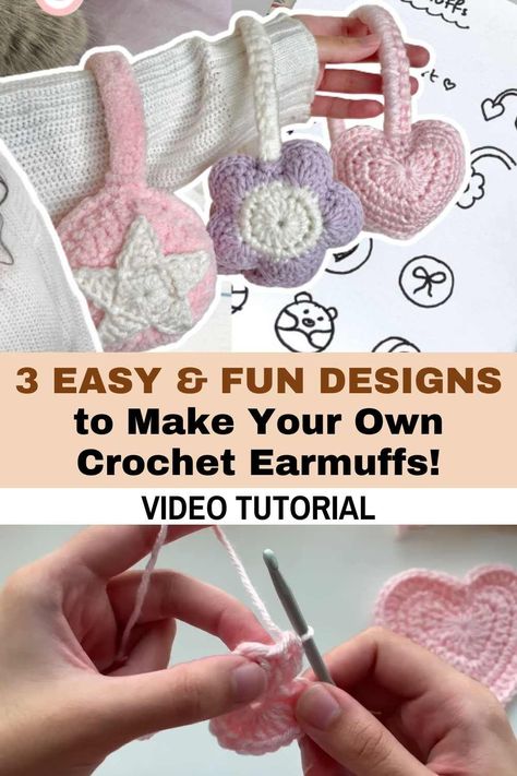 In this tutorial, we will be transforming plain headbands into stylish and cozy crochet earmuffs! You'll learn how to make three different designs: heart-shaped, circle-shaped with a star on it, and daisy flower-shaped. The great thing about this project is that you can use any type of yarn you prefer.However, it's important to keep in mind that the type of yarn you choose will affect the number of rounds or rows you will need to do, and the method you use to crochet around the headband. Heart Crochet Earmuffs, Ear Muffs Crochet Pattern Free, Earmuff Crochet Pattern, Crochet Earmuffs Headband, Crochet Earmuff Headband, How To Crochet Earmuffs, Crochet Earmuffs Pattern, Crochet Heart Headband, Crochet Ear Muffs Free Pattern