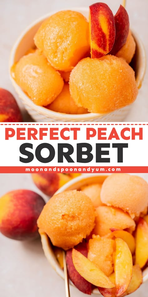 Learn how to make Perfect Peach Sorbet! Not only is this fruity spring dessert bursting with fresh peach flavor, but it is also gluten-free, dairy-free, nut-free, soy-free, and plant-based with a sugar-free option. Save this fruit sorbet recipe for a fun summer frozen treat! Non Dairy Sorbet Recipe, Peach Recipe Gluten Free, Peach Sorbet Recipe Ice Cream Maker, Dairy Free Sorbet Recipes, Things To Do With Fresh Peaches, Frozen Sorbet Recipes, Frozen Peach Dessert Recipes, Home Made Sorbet Recipes, Frozen Desserts Easy Summer