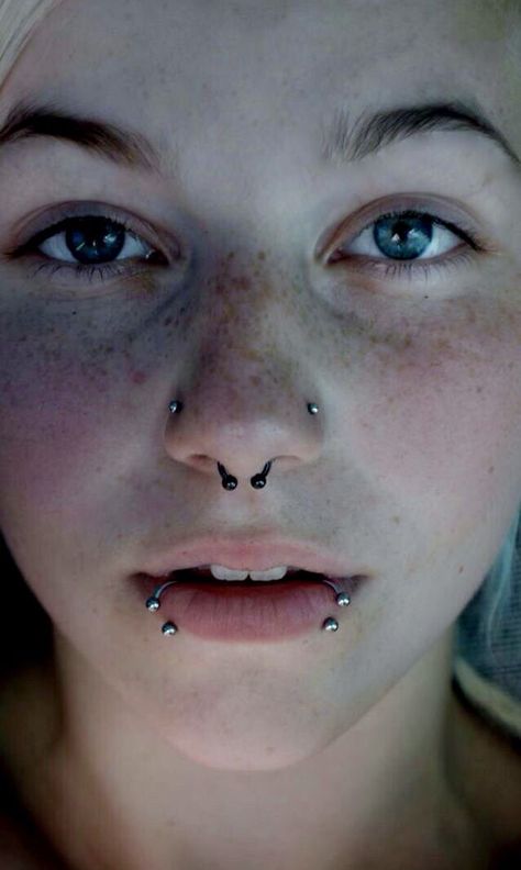 Nose Piercing Scar Nostrils And Septum Piercing, Piercings On Women, Lip Piercing Stud, Piercings Facial, Spiderbite Piercings, Piercing Face, Mouth Piercings, Spider Bite Piercing, Double Nose Piercing