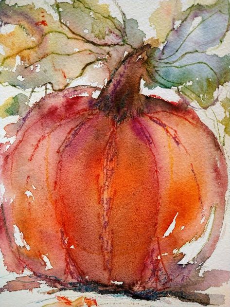 Pumpkin in watercolor by Chris Reynolds Chris Reynolds, Pumpkin Watercolor Painting, Watercolor Pumpkins Autumn, Fall Watercolors, Pumpkin Paintings, Watercolor Botanicals, Glow Pumpkin, Watercolor Holiday, Watercolor Painting Ideas