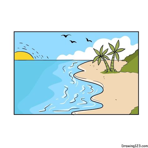 Landscape Drawing Tutorials - How to draw Landscape step by step Drawing Of A Beach, Landscape Drawing Tutorial, Beach Sketches, Beach Cartoon, Drawing Scenery, Beach Drawing, Beach Art Painting, Beautiful Beach Pictures, Color Drawing Art