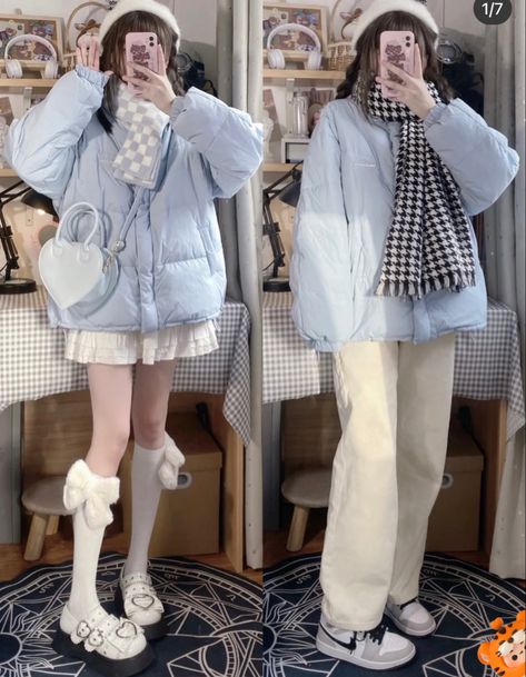 Soft Winter Aesthetic Outfits, Winter Aesthetic Outfits For Women, Blue Outfit Aesthetic Winter, Blue Winter Outfits Aesthetic, Blue Winter Aesthetic Outfit, Douyin Winter Fashion, Winter Cute Outfits Korean, Winter Outfits Chinese, Xiaohongshu Winter Outfits