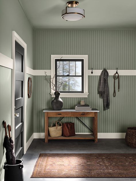 Color of the Month January 2021: Evergreen Fog | Tinted Mudroom Paint Color, Mudroom Paint, Best White Paint Colors, Evergreen Fog, Green Grey Paint, Fireplace Furniture, Door Paint Colors, Sherwin Williams Colors, Neutral Paint Colors