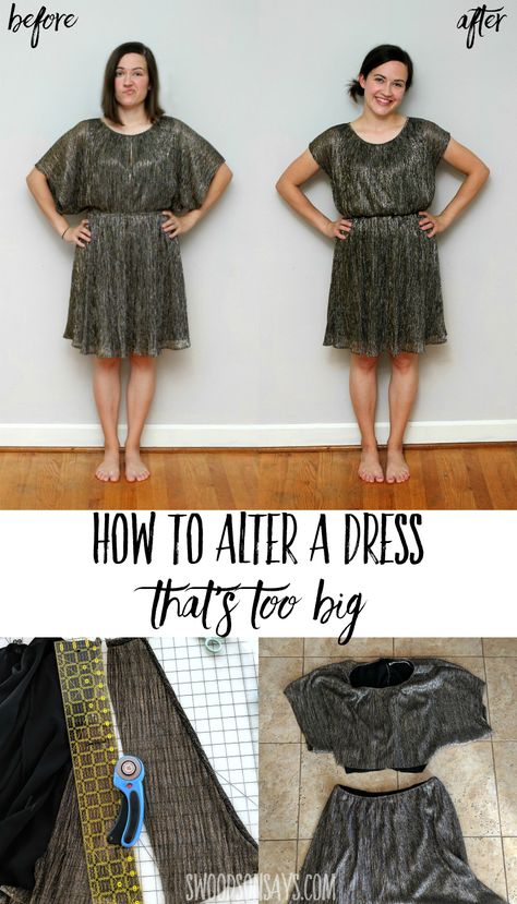 See how to refashion a baggy dress into a new silhouette, transforming a dolman sleeve into a cap sleeve! Photo tutorial of how to alter a dress that's too big, sew yourself a new dress from an old one. #refashion #sewing Upcycling, Sewing Refashion, Upcycled Sewing, Refashion Dress, Baggy Dresses, Clothes Hacks, Beginner Sewing Patterns, Big Dresses, Dress Alterations