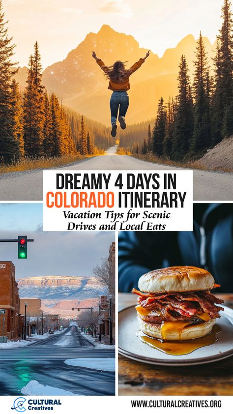 A person joyfully jumping on a scenic mountain road, a snow-covered street, and a close-up of a bacon cheeseburger, highlighting a Dreamy 4 Days in Colorado Itinerary with scenic drives and local eats. Colorado National Park Itinerary, Colorado Itinerary Summer, Colorado Itinerary, Colorado Vacation, Vacation Tips, Colorado Travel, Mountain Town, Four Days, Rocky Mountain National