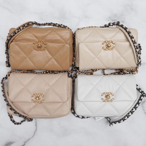 Julia Rose on Instagram: “You tend to like these color comparisons so here’s another with one of our favorite bags—the Chanel 19. We adore its look, size,…” Chanel 19 Beige Outfit, Chanel 19 Handbag, Chanel 19 Bag Outfit, Chanel Bag Collection, Beige Chanel Bag, Travelling Accessories, Coco Chanel Bags, Trending Bags, Chanel 19 Bag