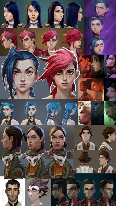 i had to make a collage of arcane’s character designs for a class lol Arcane Character Study, Arcane Anatomy Study, Arcane Rendering Style, The Art And Making Of Arcane, Arcane Style Reference, Arcane Base Oc, Arcane Faces Study, Arcane Face Reference, League Of Legends Art Style