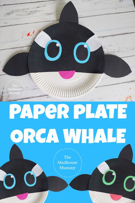 Ocean Animal Paper Plate Craft, Dolphin Paper Plate Craft, Sea Animal Preschool Craft, Ocean Week Preschool Crafts, Paper Plate Under The Sea Crafts, Easy Whale Craft, Sea Life Preschool Crafts, Orca Crafts For Preschool, Under The Sea Themed Crafts