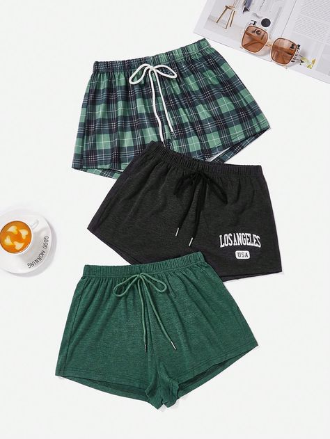 3pcs Plaid & Letter Graphic Drawstring Waist Lounge Shorts Multicolor Casual-Young    Letter,Plaid Lounge Shorts Slight Stretch All Women Sleep & Lounge, size features are:Bust: ,Length: ,Sleeve Length: Cute Pj Shorts, Cute Pajama Shorts, Cute Lounge Outfits, Night Shorts, Short Pjs, Country Outfits Women, Adrette Outfits, Sleepwear Women Pajamas, Cute Pajama Sets