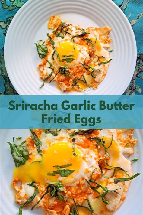 Decadent and creamy eggs fried in butter are paired with garlic and spicy sriracha hot sauce. Great vegetarian breakfast or brunch. Jammy Eggs Breakfast, Spicy Heavy Cream Eggs, Spanish Fried Egg, Spicy Egg Recipes, Fried Egg Sandwich Ideas, Garlic Butter Eggs, Unique Egg Recipes, Spicy Breakfast Ideas, Spicy Omelette Recipe