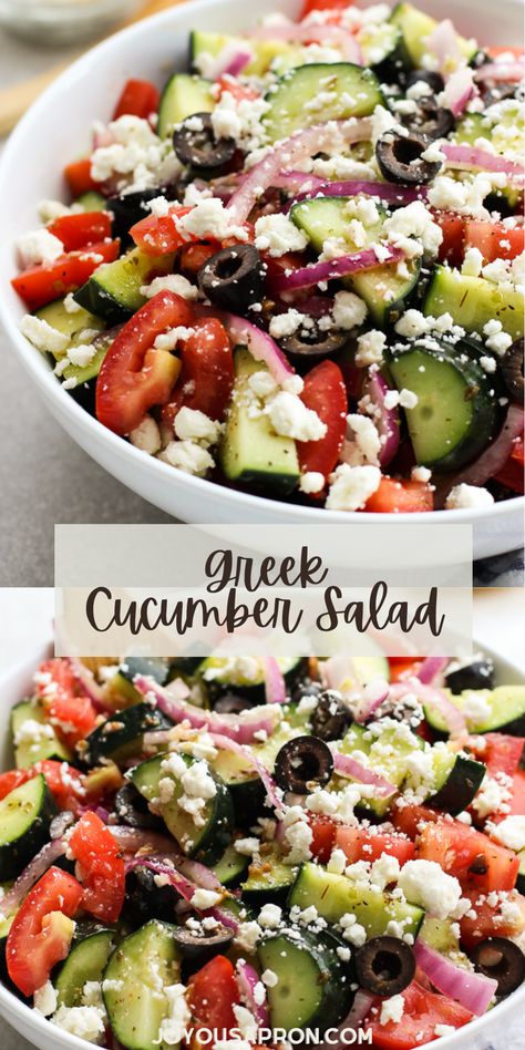 Greek Cucumber Salad - healthy Greek inspired vegetable side dish and salad! Cucumber, tomatoes, red onions, olive and feta tossed in a lemon vinaigrette. A great low carb option for dinner! Vegetrian & gluten free. #healthy #salad #Greek #veggie #vegetable #cucumber #sidedish #side #glutenfree #vegetarian #recipe #joyousapron Cucumber Tomato Feta Salad, Greek Side Dishes, Greek Cucumber, Greek Vegetables, Cucumber Feta Salad, Greek Cucumber Salad, Salad Greek, Salad Cucumber, Mediterranean Diet Recipes Dinners